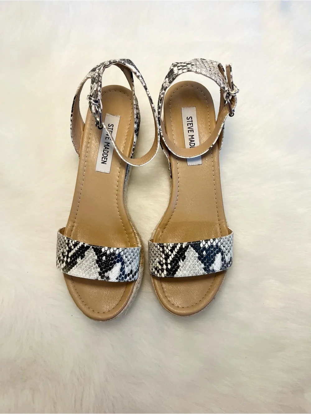 Steve Madden Jewel White Snake Print Espadrille Wedge Sandals
